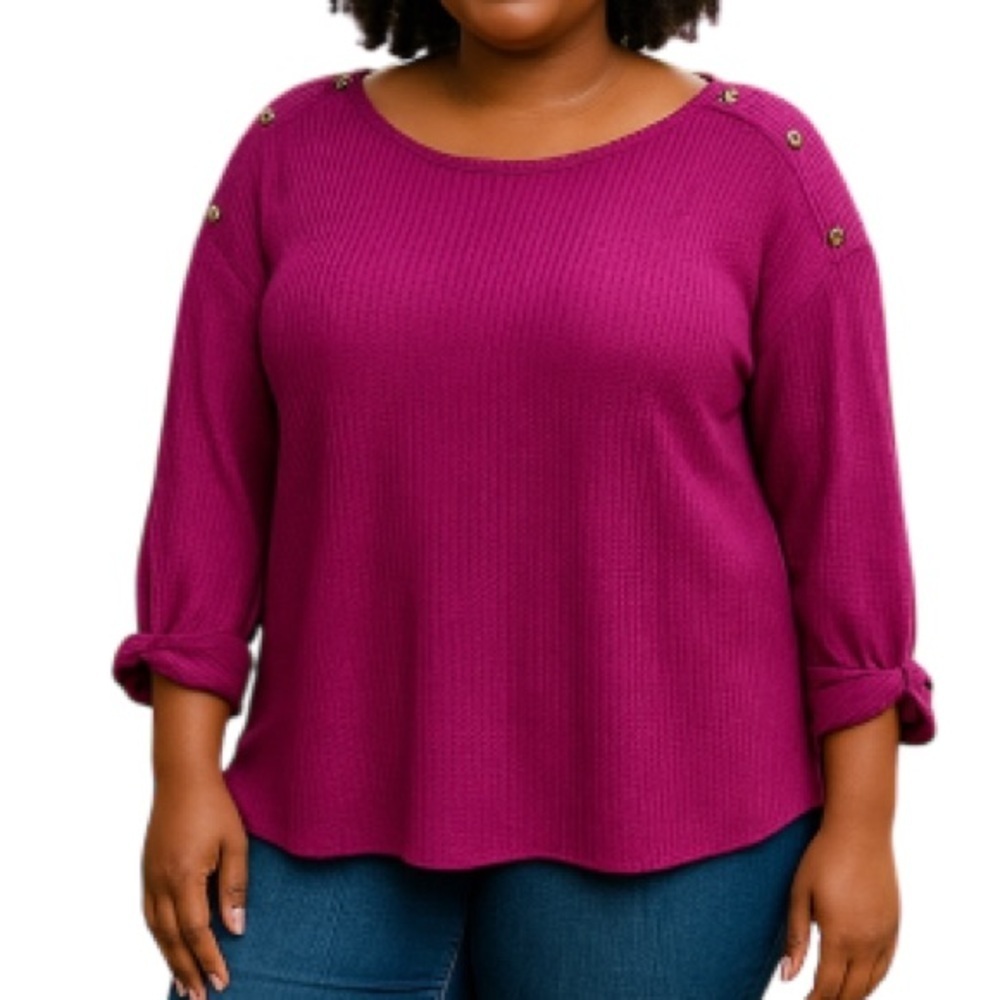 My Style Grape Purple BoatNeck Top Ribbed Button Shoulder Tab Sleeves Plus 2X